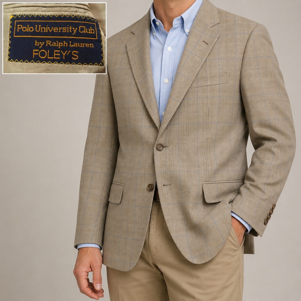 Polo University Club Sport Coat Mens Large Tan Plaid Two Button‎ Blazer Jacket